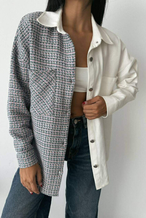 HALF KNITTED HALF DENIM DESIGN WOMEN SHIRT WHITE-E BARDHE - 3