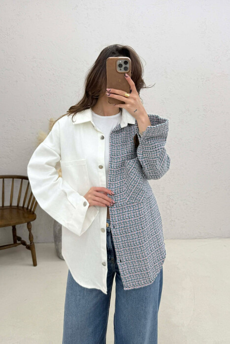 HALF KNITTED HALF DENIM DESIGN WOMEN SHIRT WHITE-E BARDHE - 2