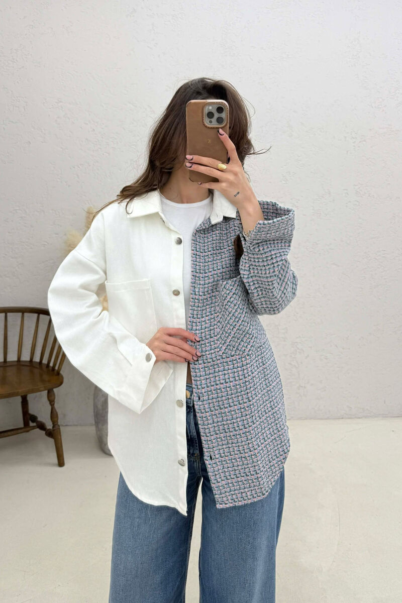 HALF KNITTED HALF DENIM DESIGN WOMEN SHIRT WHITE-E BARDHE - 2