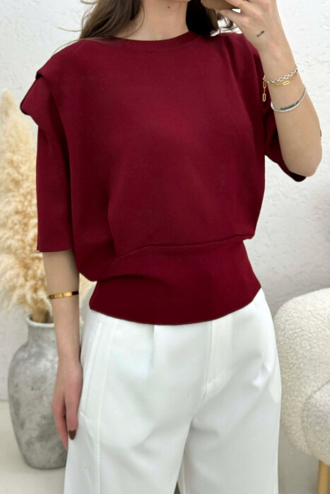 HALF SLEEVES DETAIL ONE COLOR WOMEN SWEATSHIRT BURGUNDY/VISHNJE - 2