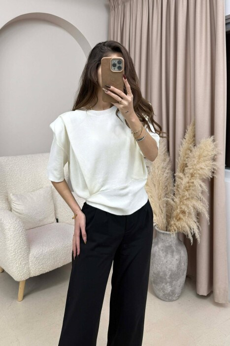 HALF SLEEVES DETAIL ONE COLOR WOMEN SWEATSHIRT WHITE-E BARDHE - 4