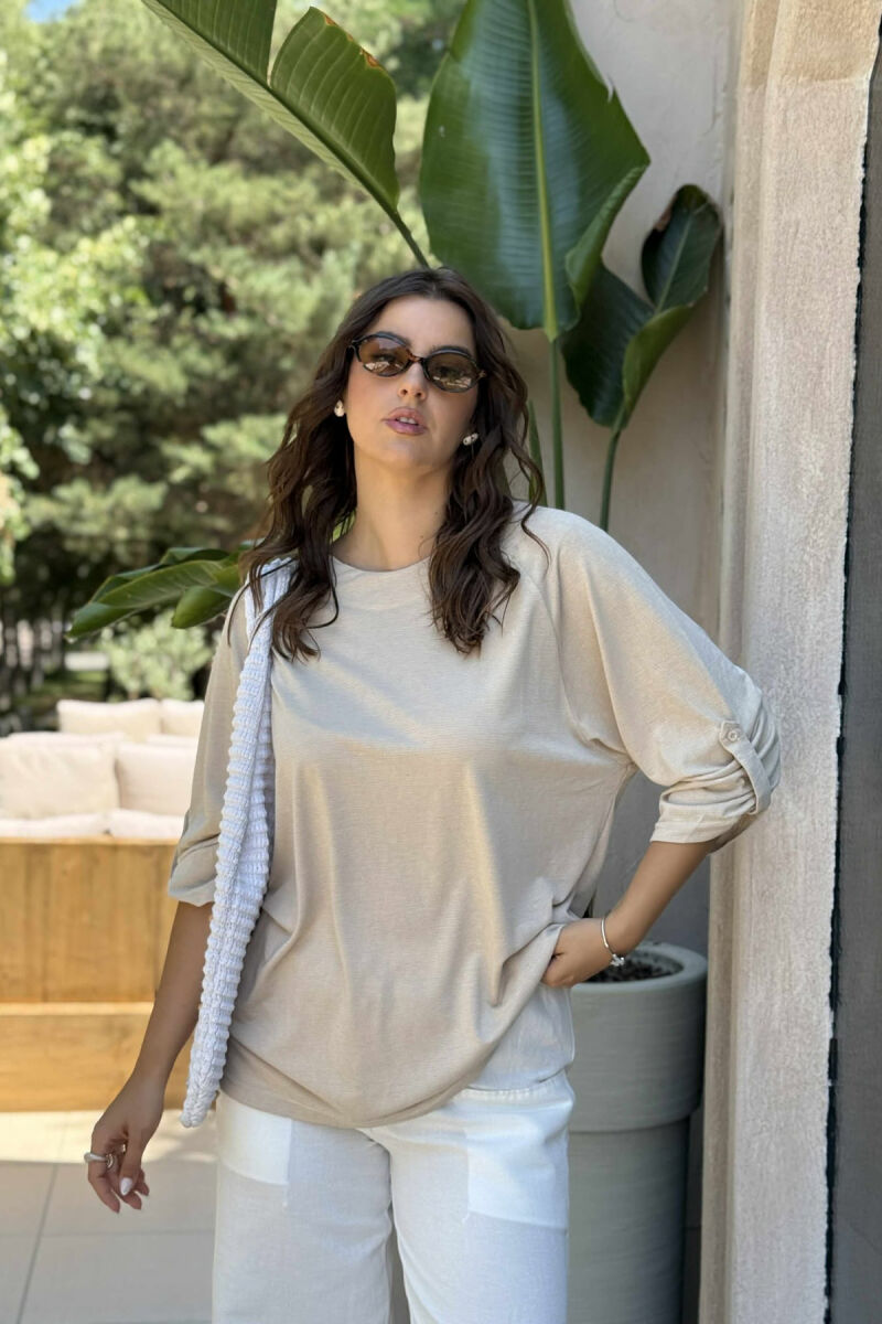 HALF SLEEVES ONE COLOR WOMEN T-SHIRT BEIGE/BEZHE - 1