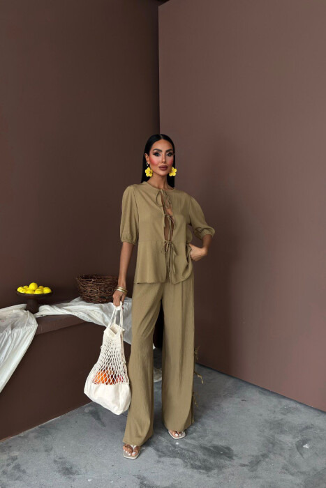 HALF SLEEVES SHIRT+TROUSERS LACINGS WOMEN SET OLIVE/ULLI 