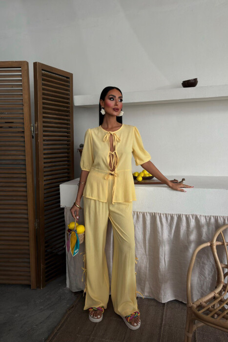 HALF SLEEVES SHIRT+TROUSERS LACINGS WOMEN SET YELLOW/E VERDHE 