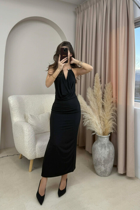 HALTER NECK METAL RING DETAIL LONG WOMEN DRESS BLACK/ E ZEZE - 1