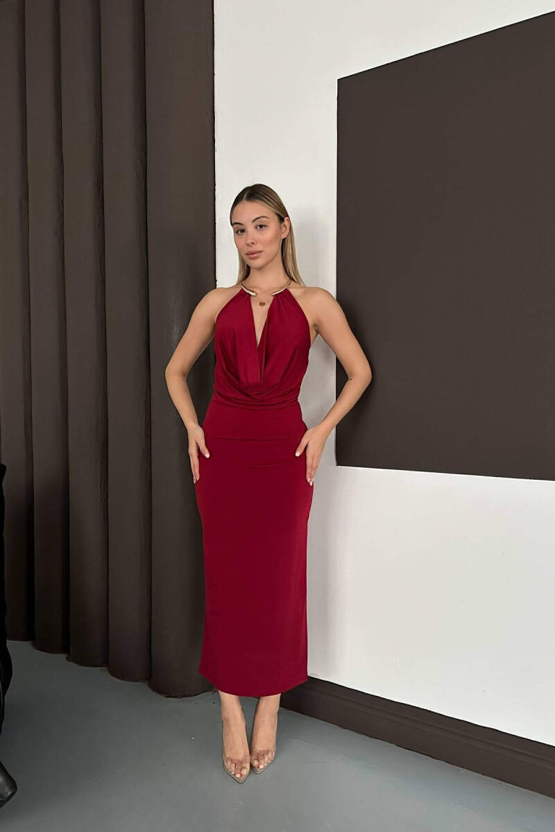 HALTER NECK METAL RING DETAIL LONG WOMEN DRESS BURGUNDY/VISHNJE - 1