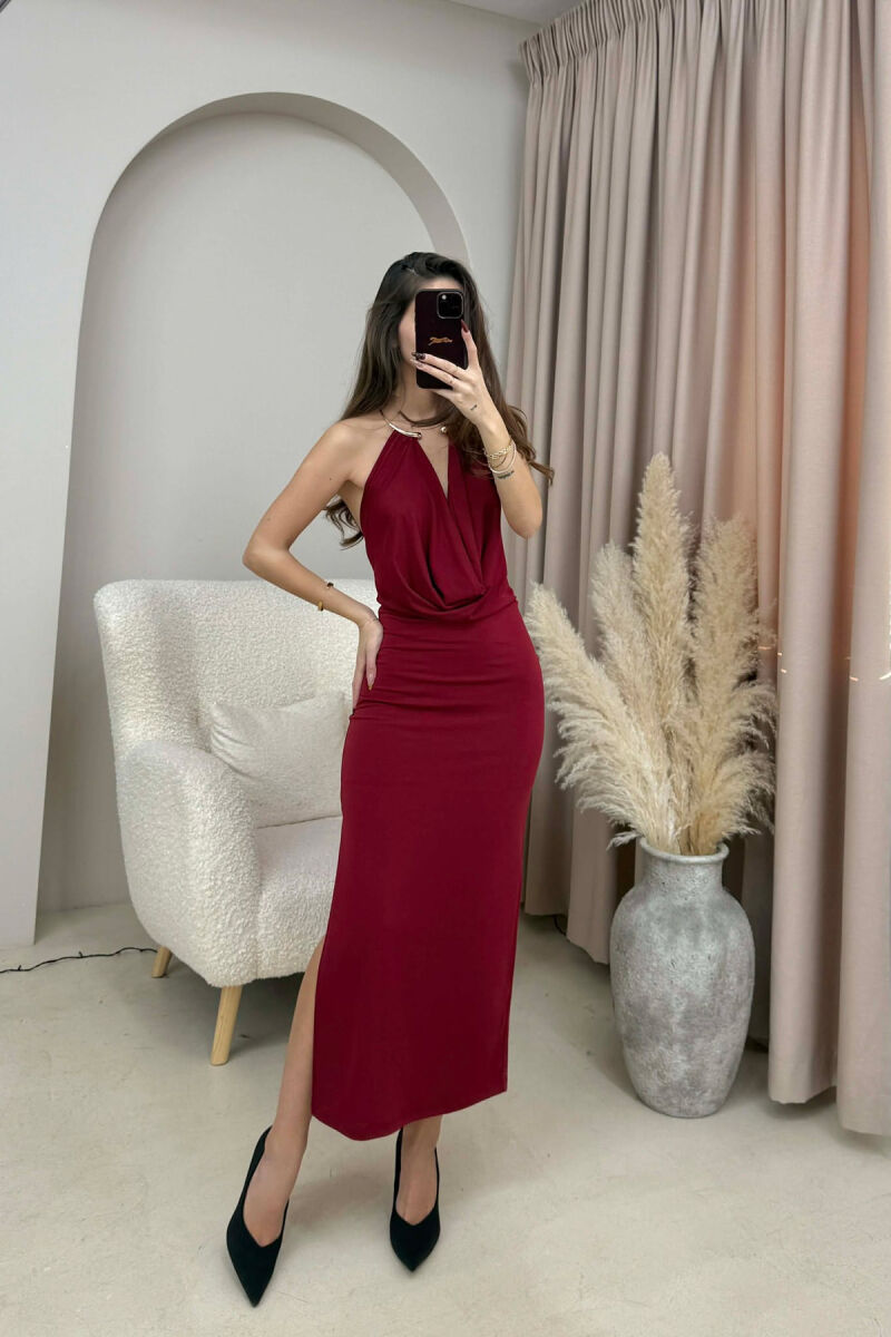 HALTER NECK METAL RING DETAIL LONG WOMEN DRESS BURGUNDY/VISHNJE - 1
