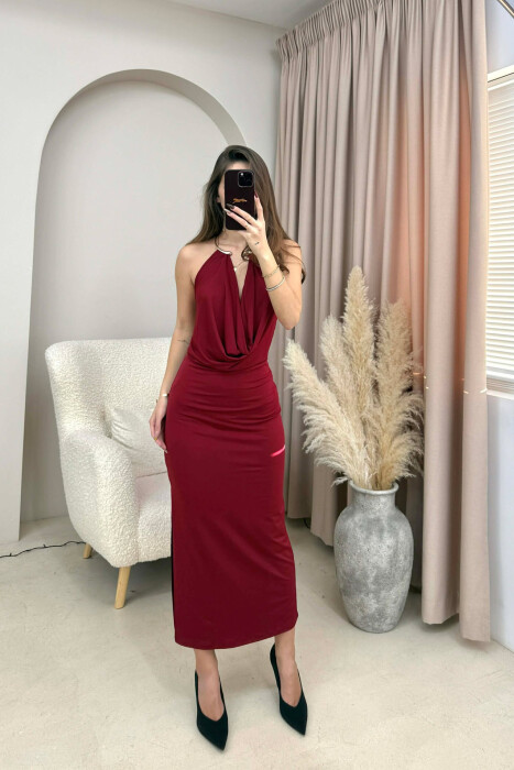 HALTER NECK METAL RING DETAIL LONG WOMEN DRESS BURGUNDY/VISHNJE - 2