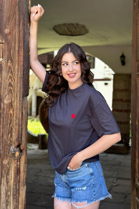 HEART DESIGN ONE COLOR WOMAN T-SHIRT DARK GREY/GEE - 2