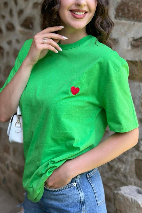 HEART DESIGN ONE COLOR WOMAN T-SHIRT LIGHT GREEN/JEZB - 2