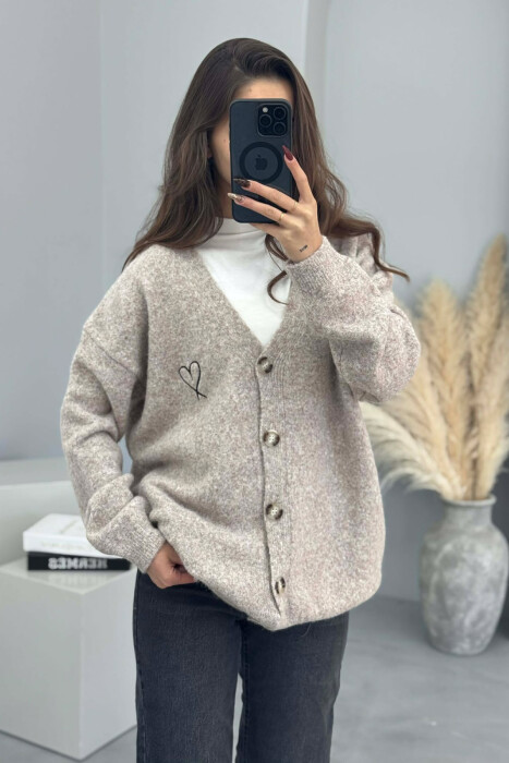HEART DETAIL SIMPLE WOMEN CARDIGAN BEIGE/BEZHE - 2