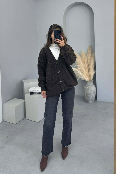HEART DETAIL SIMPLE WOMEN CARDIGAN DARK BROWN/KAE - 1