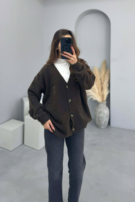 HEART DETAIL SIMPLE WOMEN CARDIGAN DARK BROWN/KAE - 2