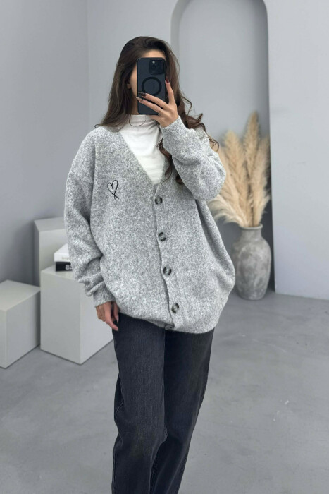 HEART DETAIL SIMPLE WOMEN CARDIGAN LIGHT GREY/GZ - KLAUDIO FASHION