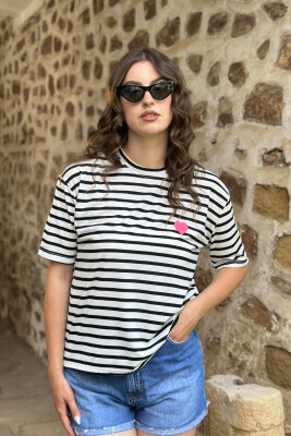 HEART DETAIL STRIPES WOMAN T-SHIRT WHITE-BLACK/BAZE 