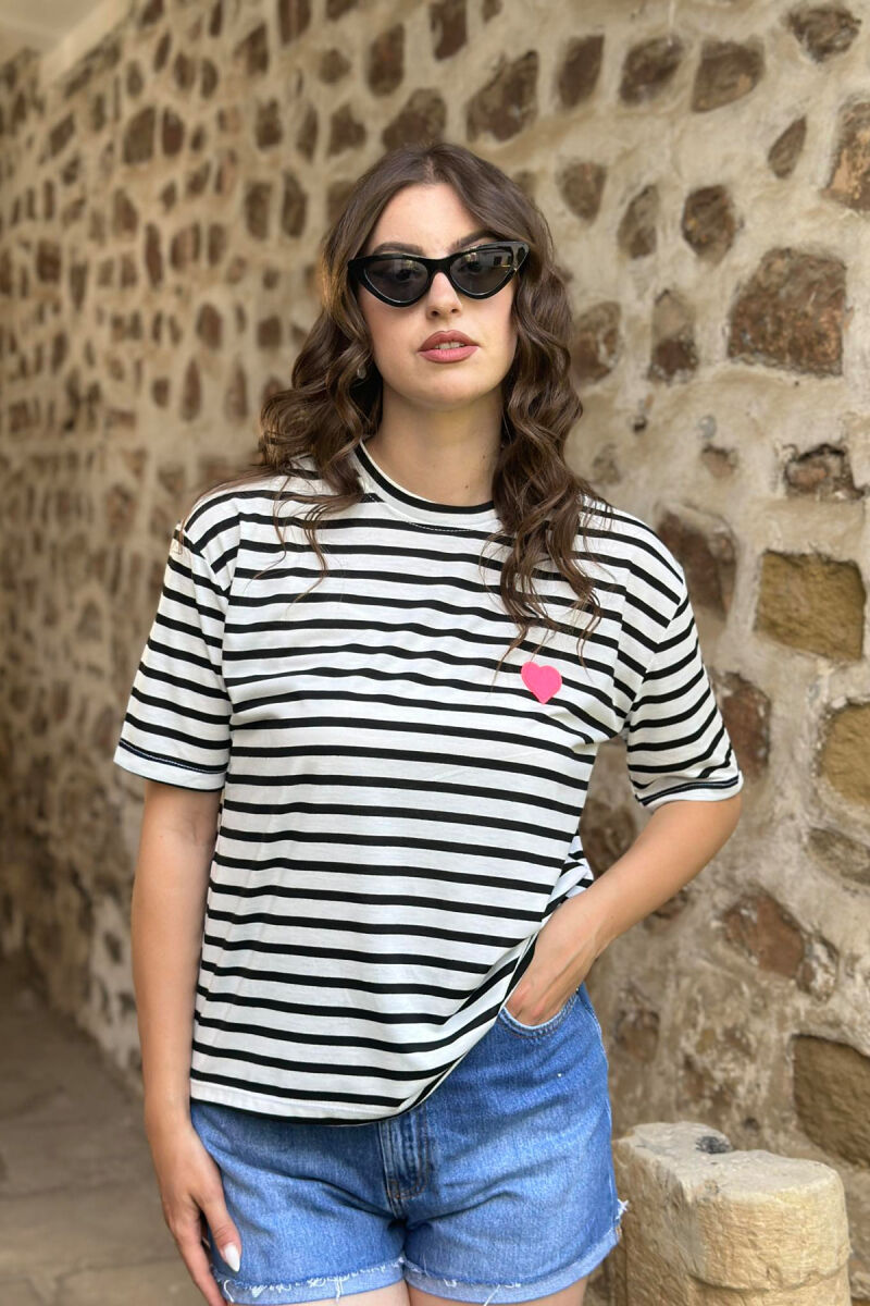 HEART DETAIL STRIPES WOMAN T-SHIRT WHITE-BLACK/BAZE - 1