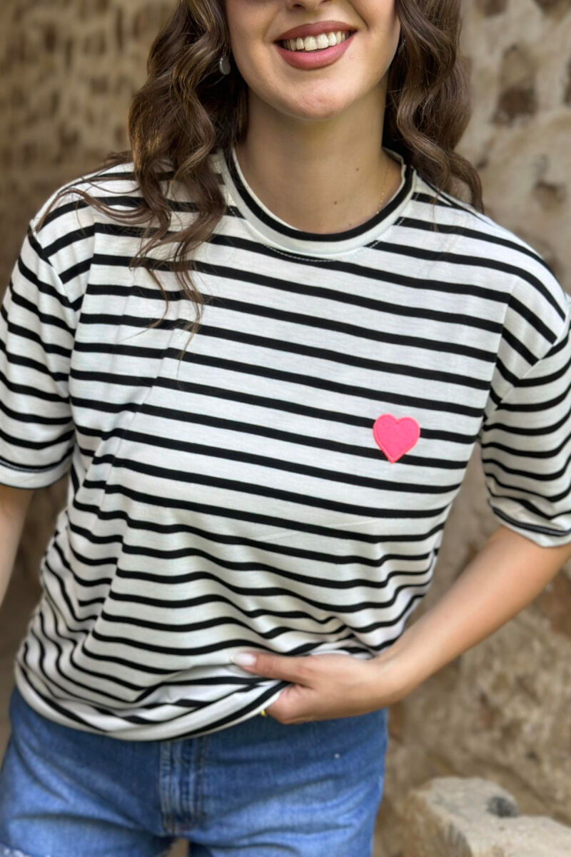 HEART DETAIL STRIPES WOMAN T-SHIRT WHITE-BLACK/BAZE - 2