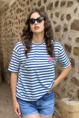 HEART DETAIL STRIPES WOMAN T-SHIRT WHITE-BLUE/BABL 