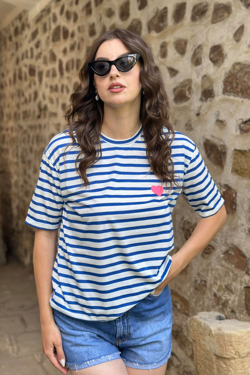 HEART DETAIL STRIPES WOMAN T-SHIRT WHITE-BLUE/BABL - 1