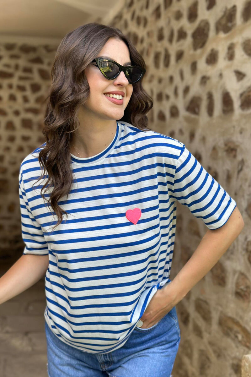 HEART DETAIL STRIPES WOMAN T-SHIRT WHITE-BLUE/BABL - 3