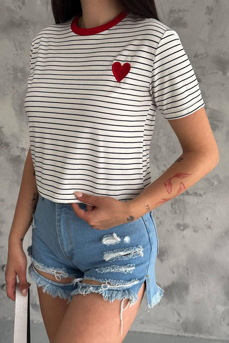 HEART DETAIL STRIPES WOMEN T-SHIRT WHITE-RED/BAKU - 2