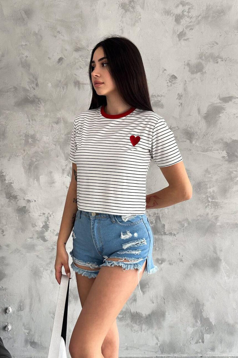 HEART DETAIL STRIPES WOMEN T-SHIRT WHITE-RED/BAKU - 3