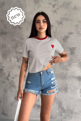 HEART DETAIL STRIPES WOMEN T-SHIRT WHITE-RED/BAKU 