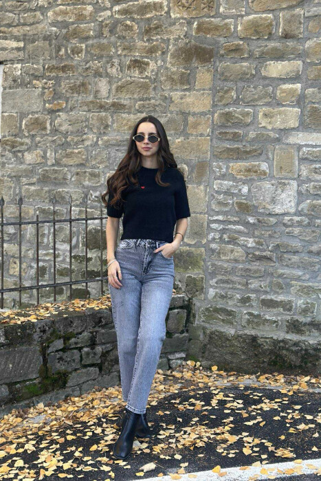 HEART LOGO SHORT SLEEVES WOMEN SWEATER BLACK/ E ZEZE - 1