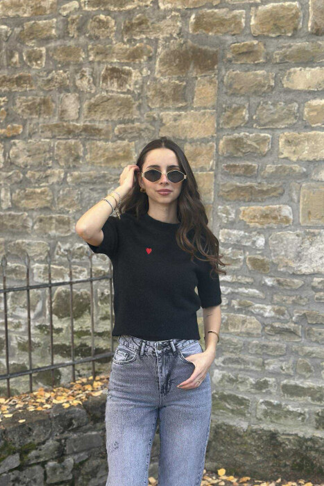 HEART LOGO SHORT SLEEVES WOMEN SWEATER BLACK/ E ZEZE - 3