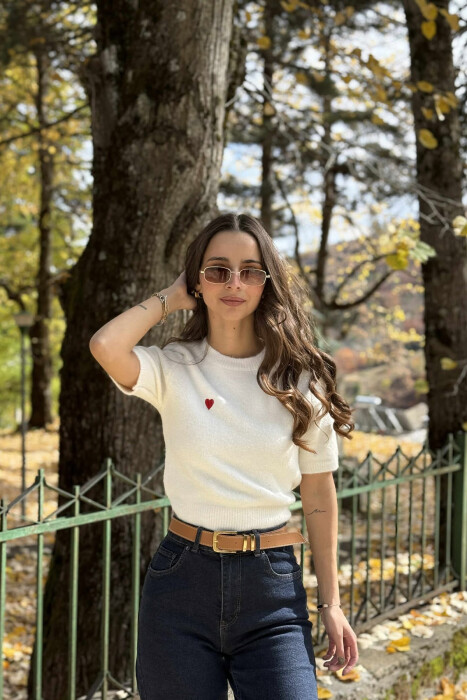 HEART LOGO SHORT SLEEVES WOMEN SWEATER WHITE-E BARDHE - 3