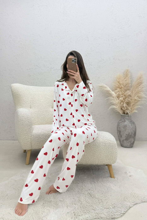 HEARTS DESIGN LONG SLEEVE SHIRT+TROUSERS WOMEN PYJAMAS WHITE-E BARDHE - KLAUDIO FASHION