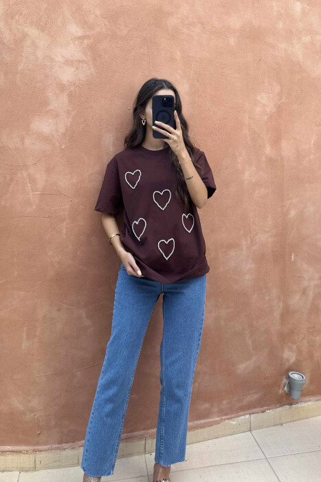 HEARTS DESIGN ONE COLOR WOMEN T-SHIRT BROWN/KAFE - KLAUDIO FASHION