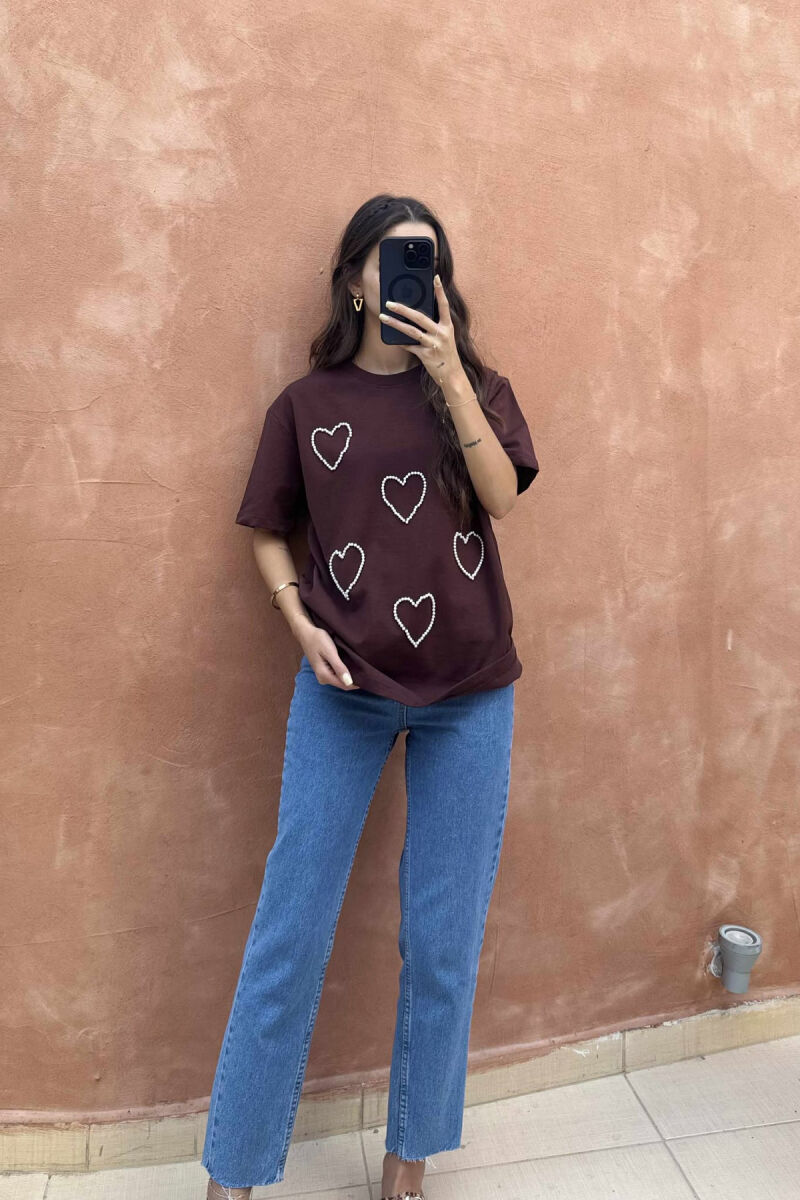 HEARTS DESIGN ONE COLOR WOMEN T-SHIRT BROWN/KAFE - 1