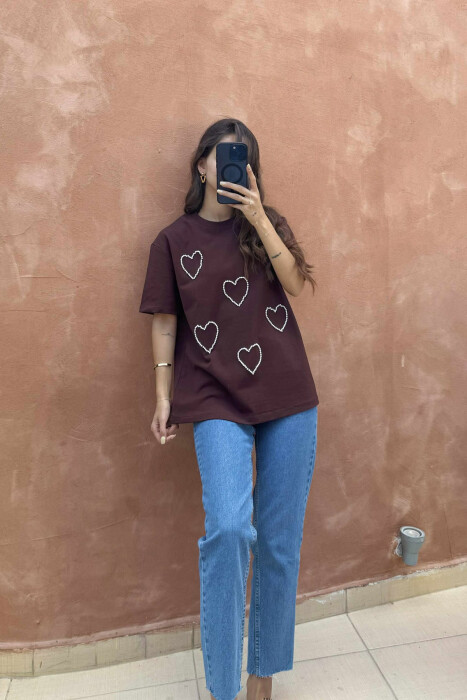 HEARTS DESIGN ONE COLOR WOMEN T-SHIRT BROWN/KAFE - 2