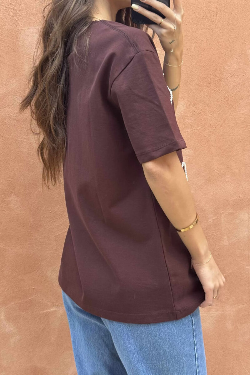 HEARTS DESIGN ONE COLOR WOMEN T-SHIRT BROWN/KAFE - 3