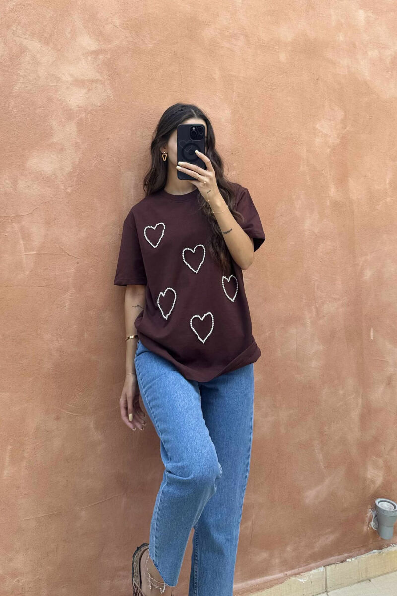HEARTS DESIGN ONE COLOR WOMEN T-SHIRT BROWN/KAFE - 4