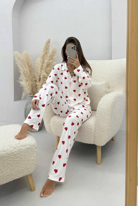 HEARTS DESIGN SHIRT+TROUSERS WOMEN PYJAMAS WHITE-E BARDHE - 1