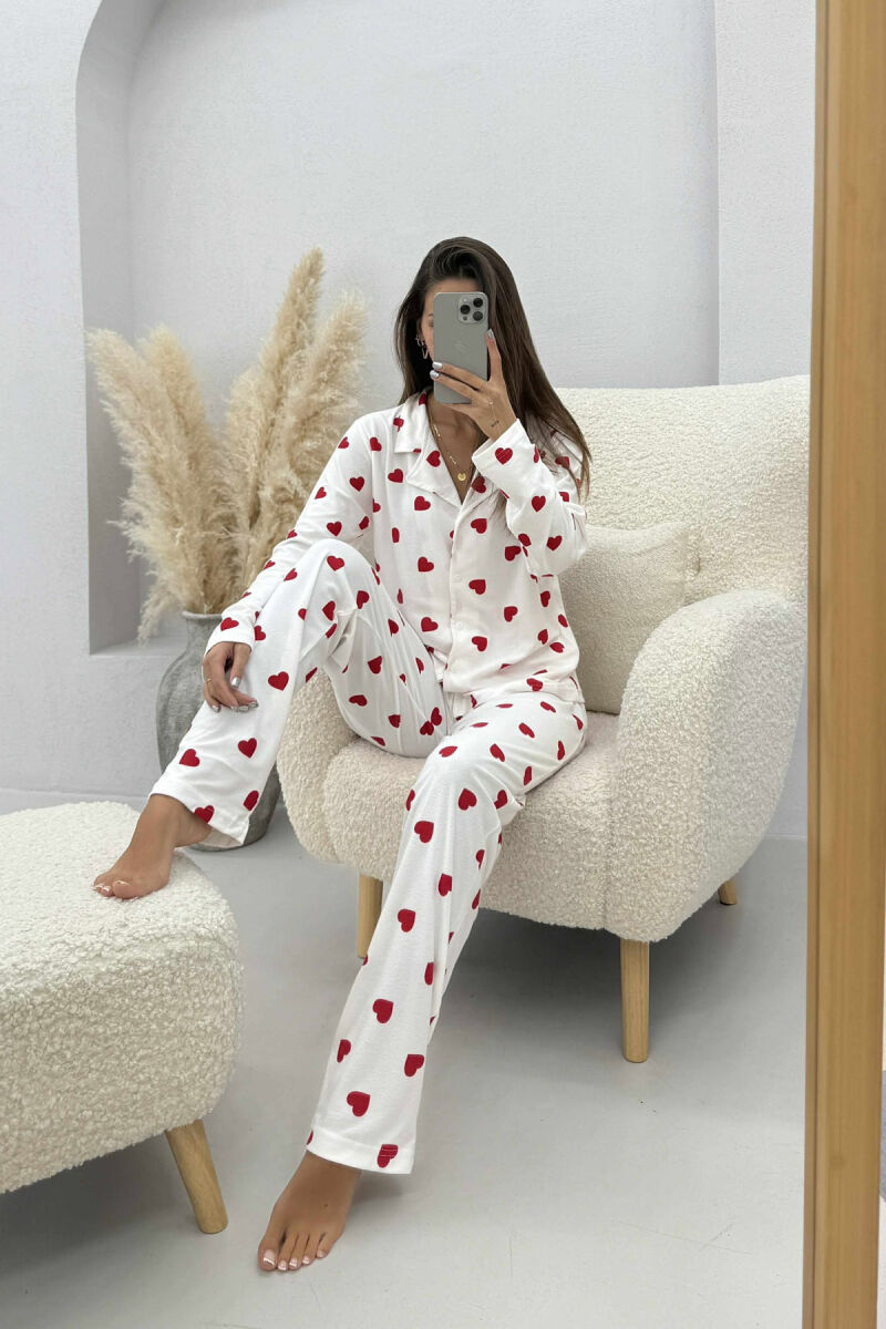 HEARTS DESIGN SHIRT+TROUSERS WOMEN PYJAMAS WHITE-E BARDHE - 1