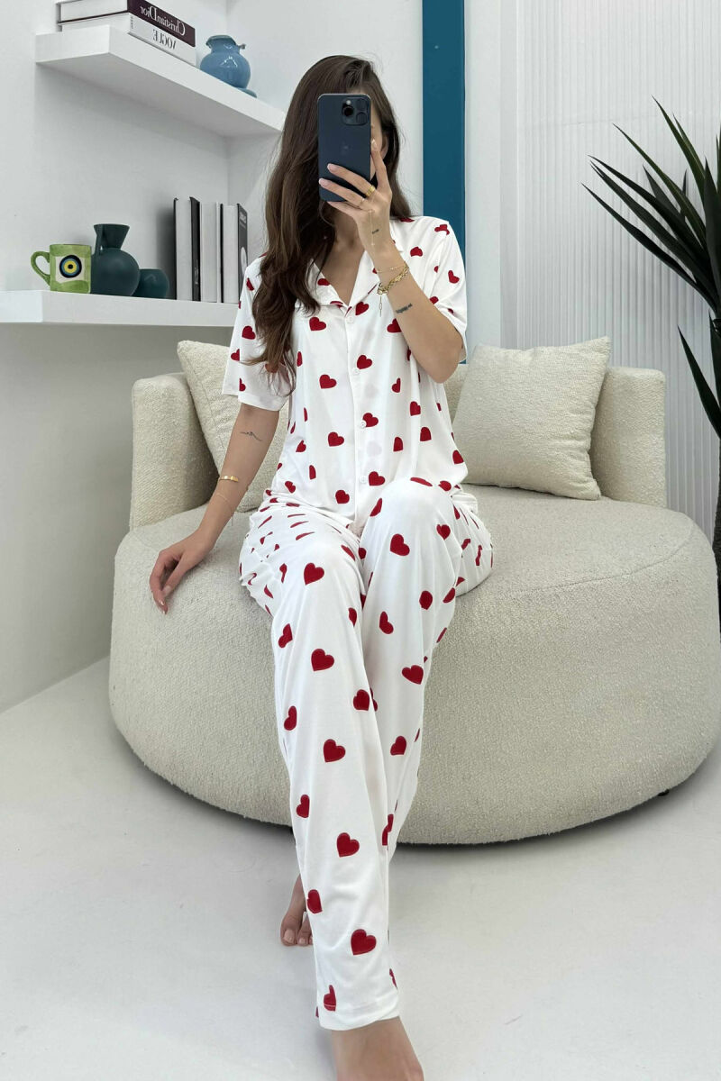HEARTS DESIGN SHIRT+TROUSERS WOMEN PYJAMAS WHITE-E BARDHE - 1