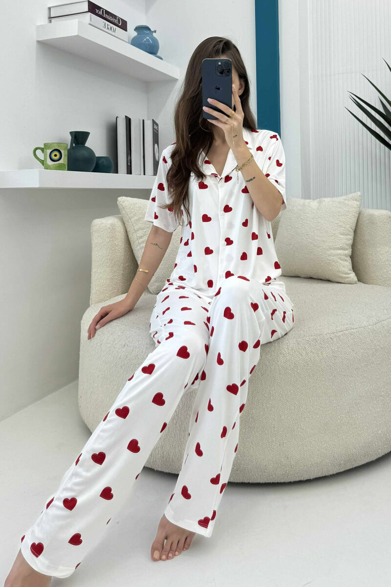 HEARTS DESIGN SHIRT+TROUSERS WOMEN PYJAMAS WHITE-E BARDHE - 2