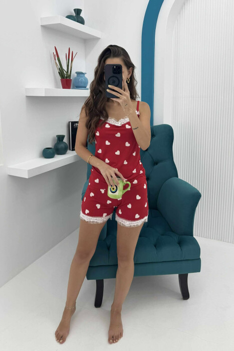 HEARTS DESIGN TANK TOP+SHORTS WOMEN PYJAMAS RED/E KUQE - KLAUDIO FASHION