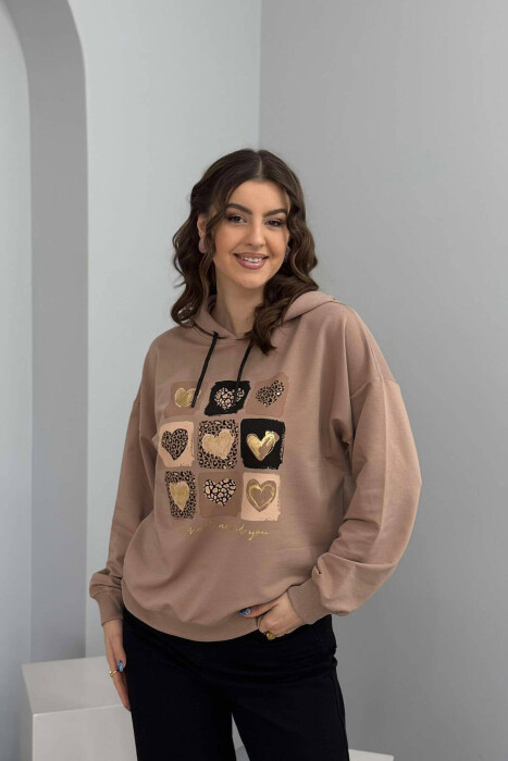 HEARTS DETAIL WOMEN HOODIE BEIGE/BEZHE 