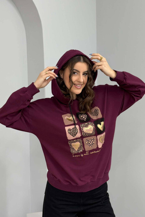 HEARTS DETAIL WOMEN HOODIE BURGUNDY/VISHNJE - 1