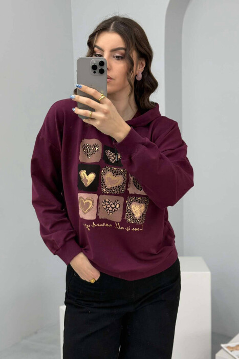 HEARTS DETAIL WOMEN HOODIE BURGUNDY/VISHNJE - 3