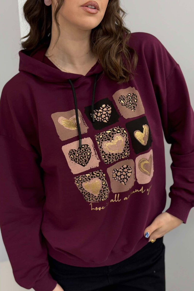 HEARTS DETAIL WOMEN HOODIE BURGUNDY/VISHNJE - 2