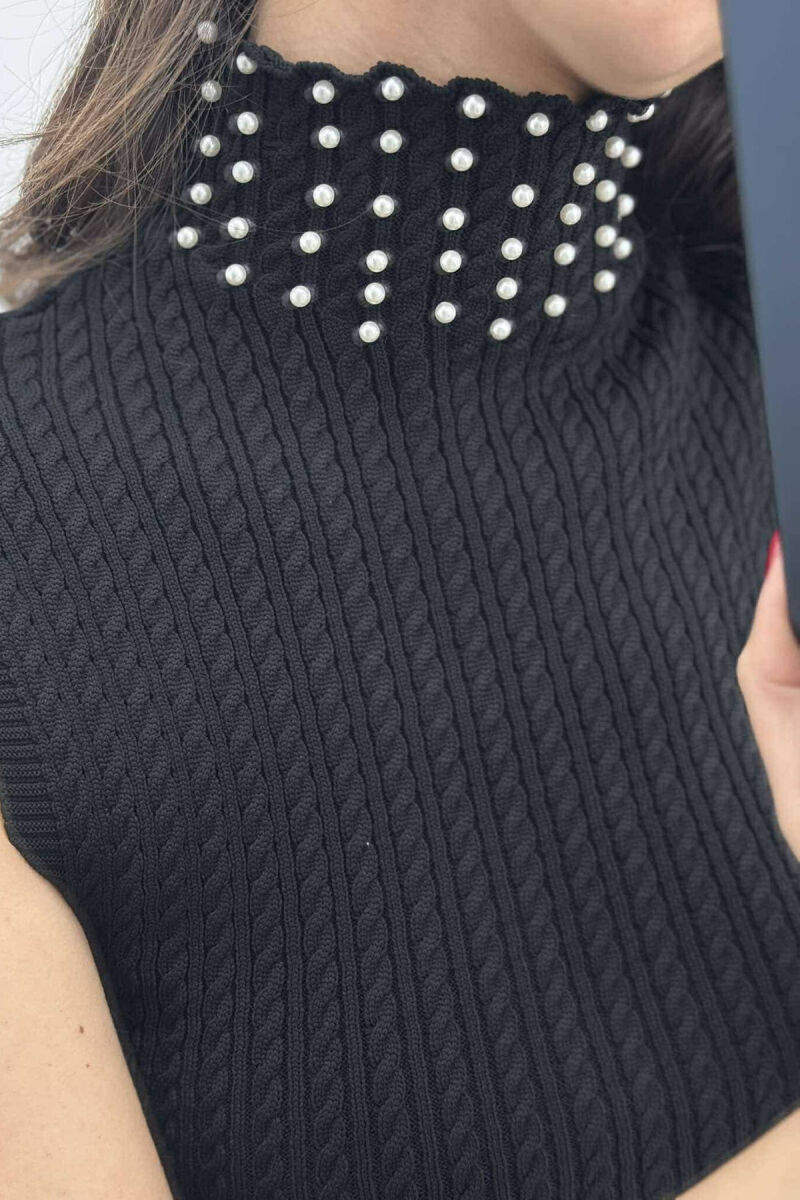 HGH NECK PEARL DETAILS KNITTED WOMEN TANK TOP BLACK/ E ZEZE - 3
