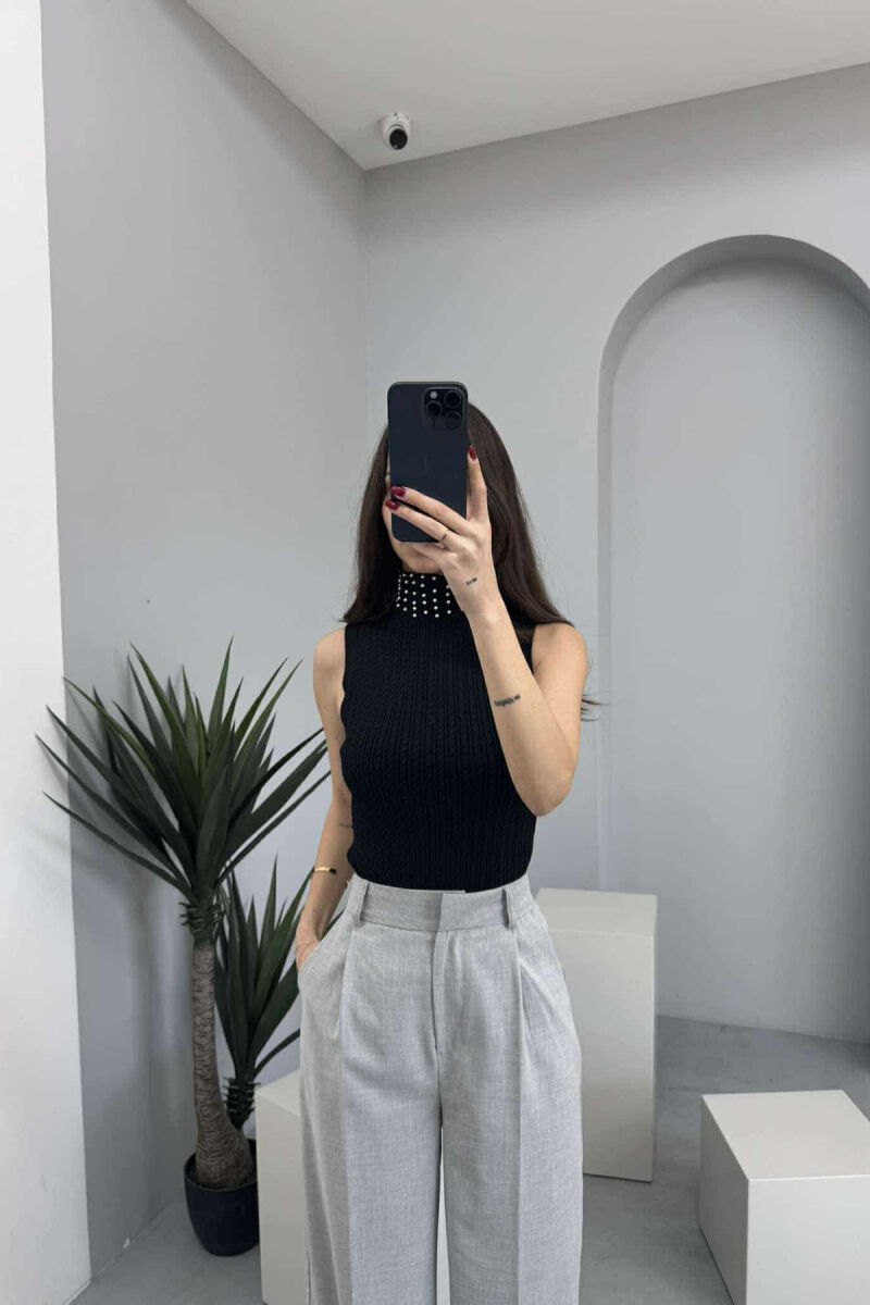 HGH NECK PEARL DETAILS KNITTED WOMEN TANK TOP BLACK/ E ZEZE - 4