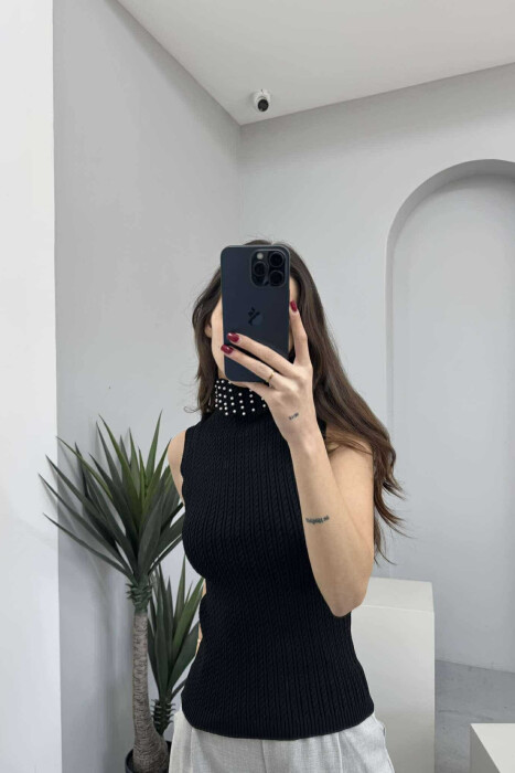 HGH NECK PEARL DETAILS KNITTED WOMEN TANK TOP BLACK/ E ZEZE 