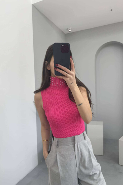 HGH NECK PEARL DETAILS KNITTED WOMEN TANK TOP FUCHSIA/CIKLAMI 