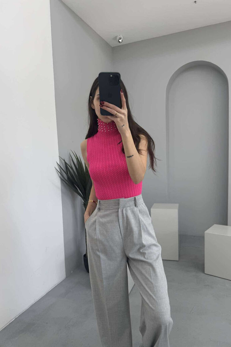 HGH NECK PEARL DETAILS KNITTED WOMEN TANK TOP FUCHSIA/CIKLAMI - 2